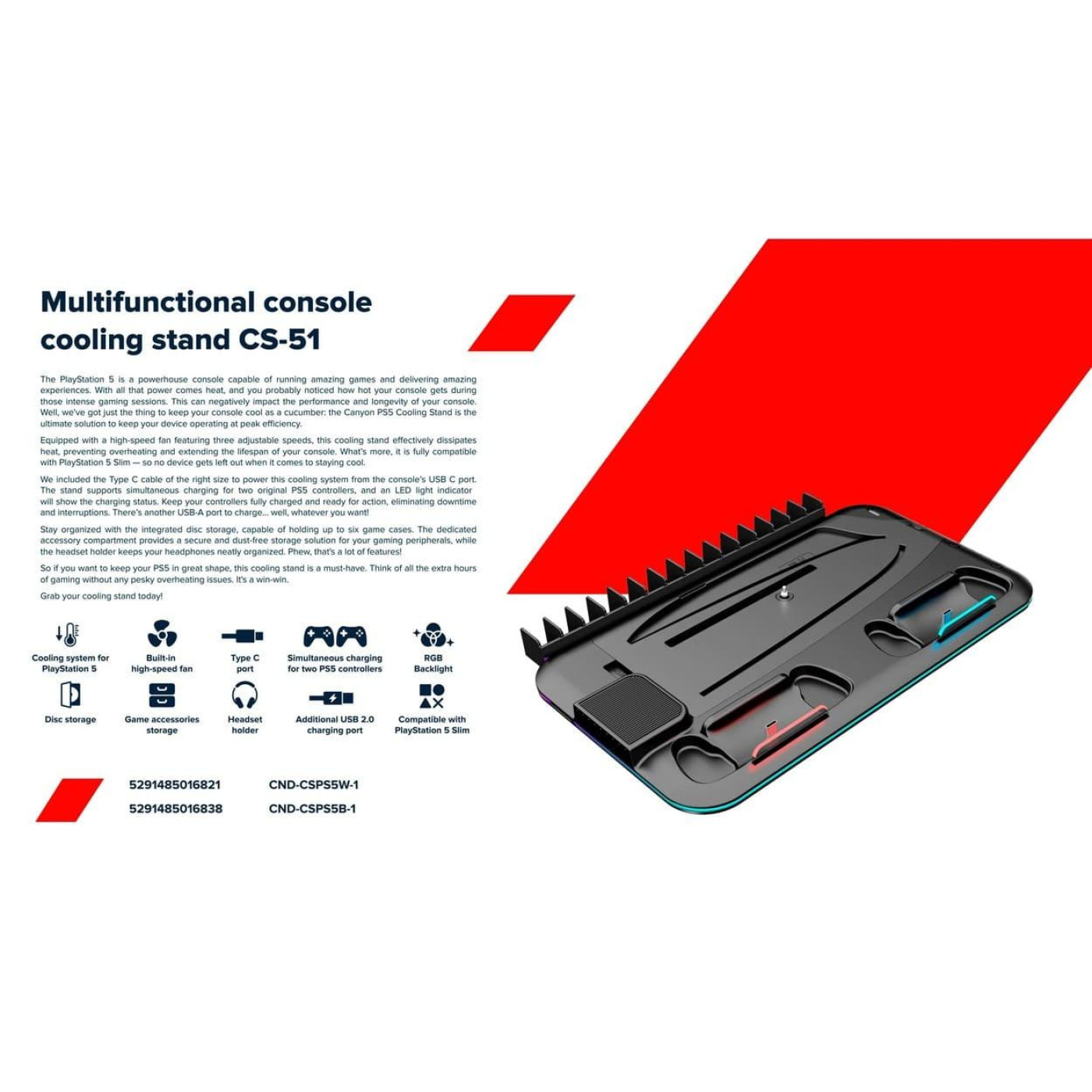 Підставка CANYON cooling stand CS-51 RGB для PS5 Slim/DE Charge Black