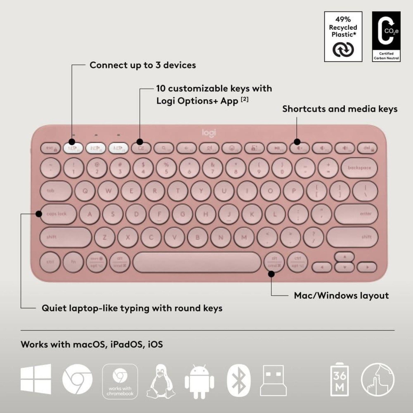 LOGITECH Pebble 2 Combo - TONAL ROSE - US INTъL - 2.4GHZ/BT - INTNL-973 - UNIVERSAL