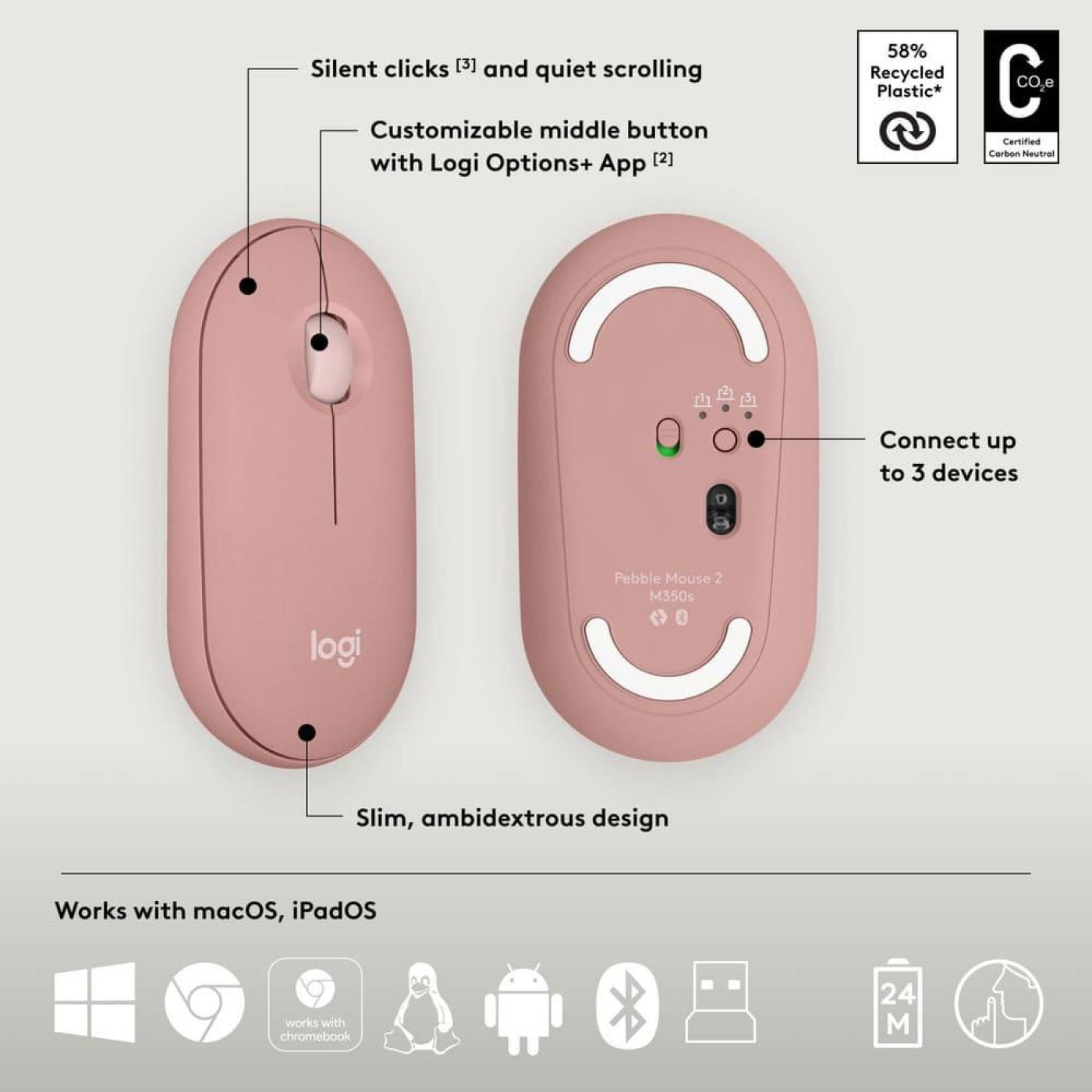 LOGITECH Pebble 2 Combo - TONAL ROSE - US INTъL - 2.4GHZ/BT - INTNL-973 - UNIVERSAL