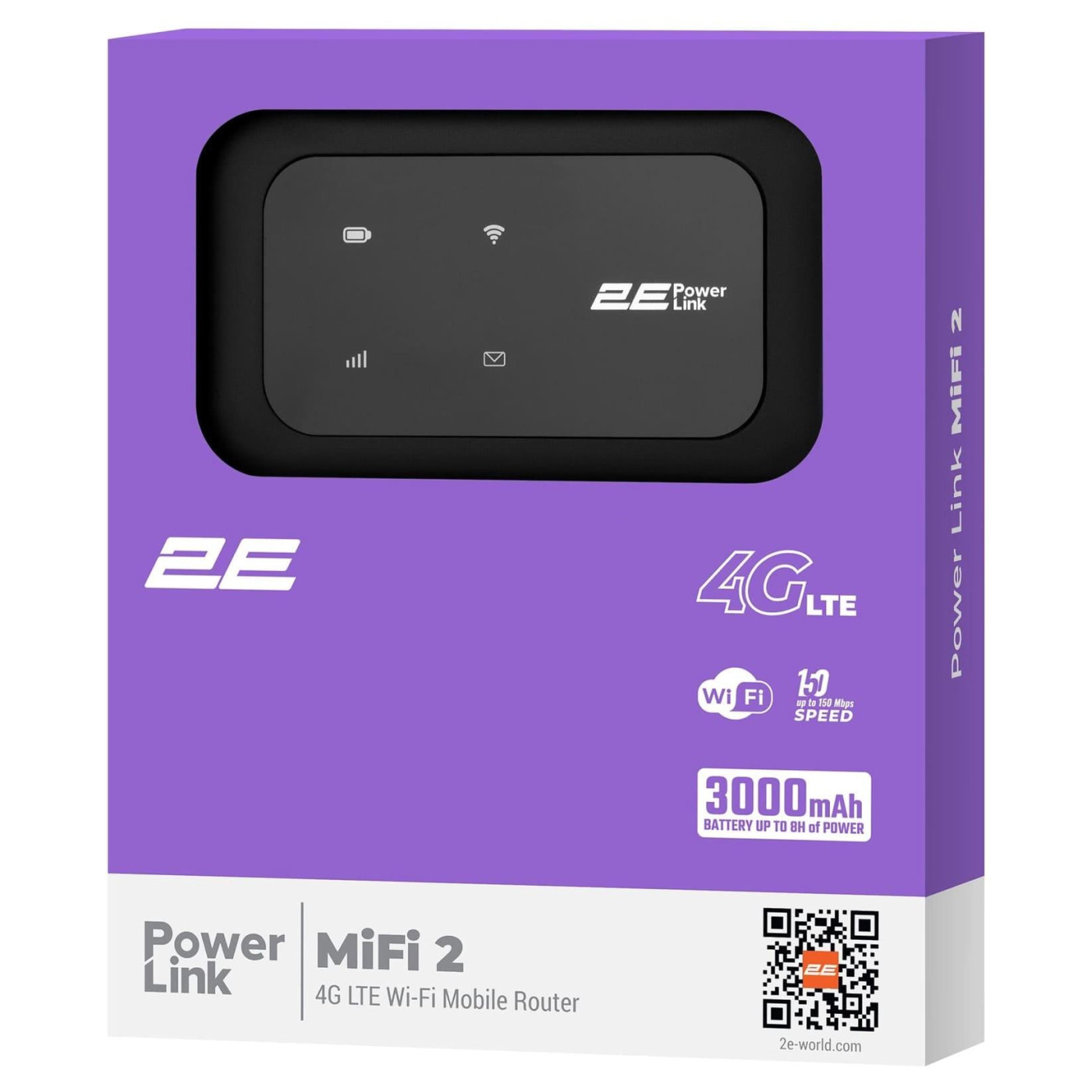 Роутер 2E PowerLink MiFi-2 (2025), Black, 4G (microSIM), WiFi 4 (до 150 Мбит/с), аккумулятор 3000 mAh, Type-C