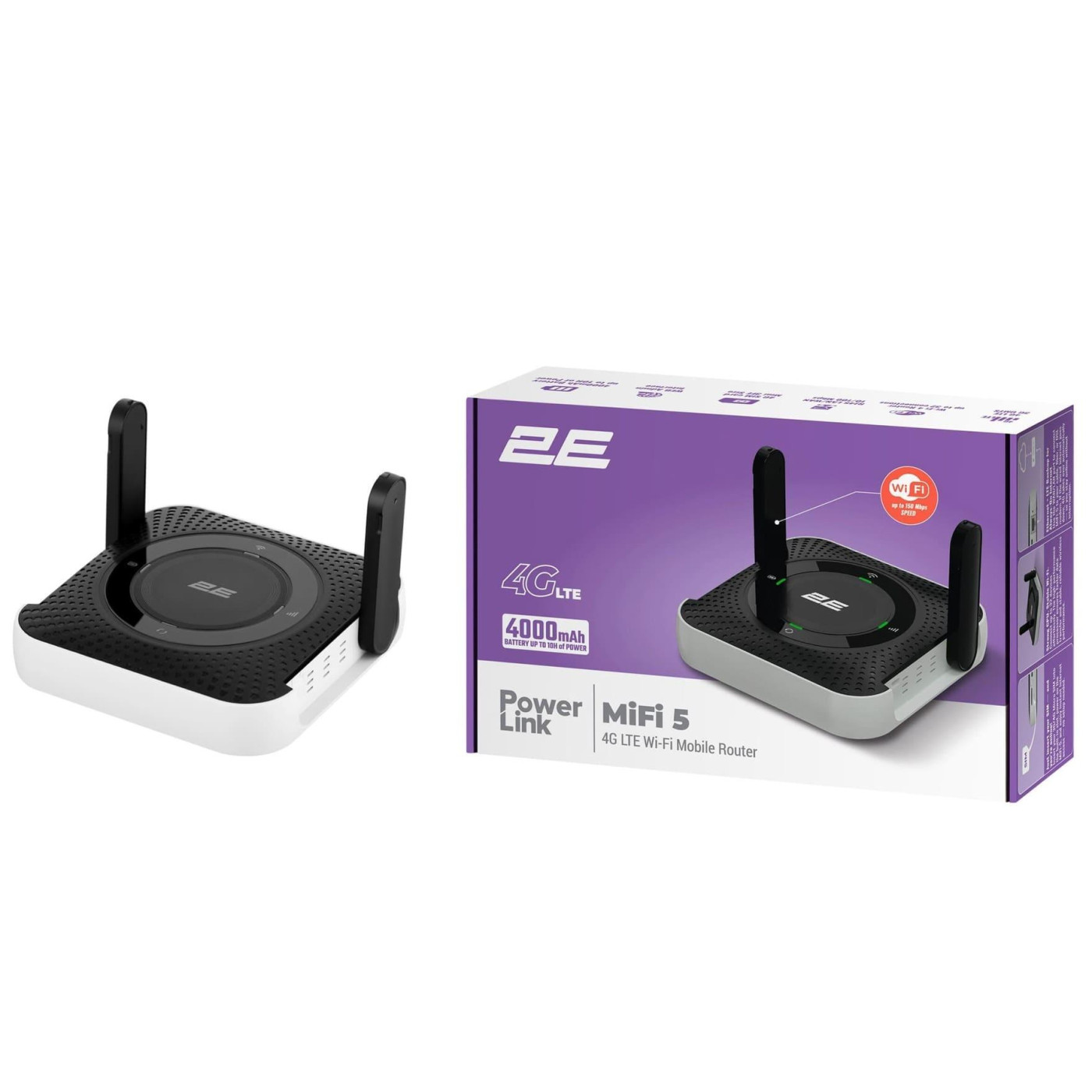 Роутер 2E PowerLink MiFi-5 (2025), Black/White, 4G (microSIM), WiFi 4 (до 150 Мбит/с), RJ45 (WAN/LAN), аккумулятор 4000 mAh, Type-C