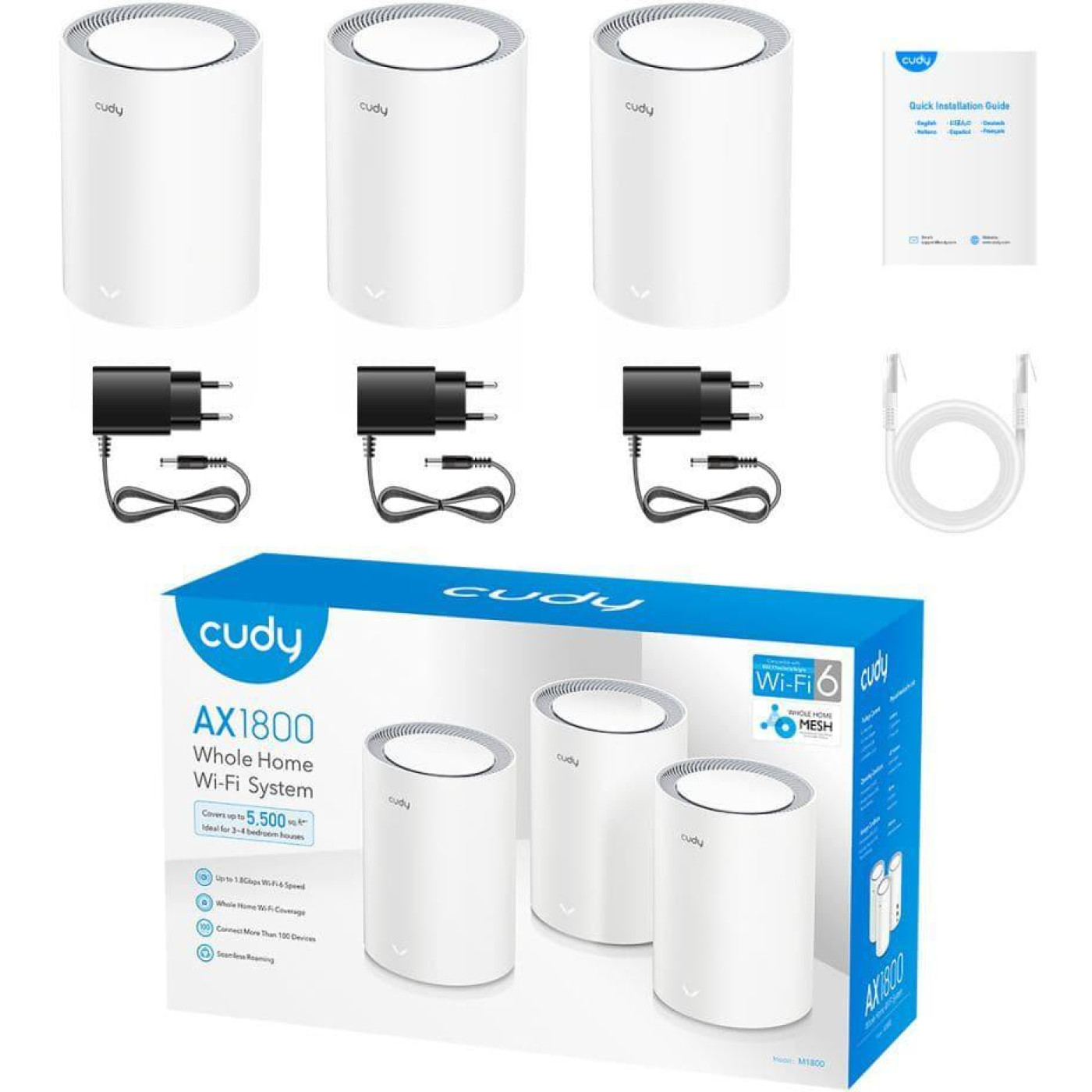 MESH-система Cudy Mesh-система WiFi 6 M1800 (3-Pack) 3 штуки дводиапазонни гигабитни (73-00516)