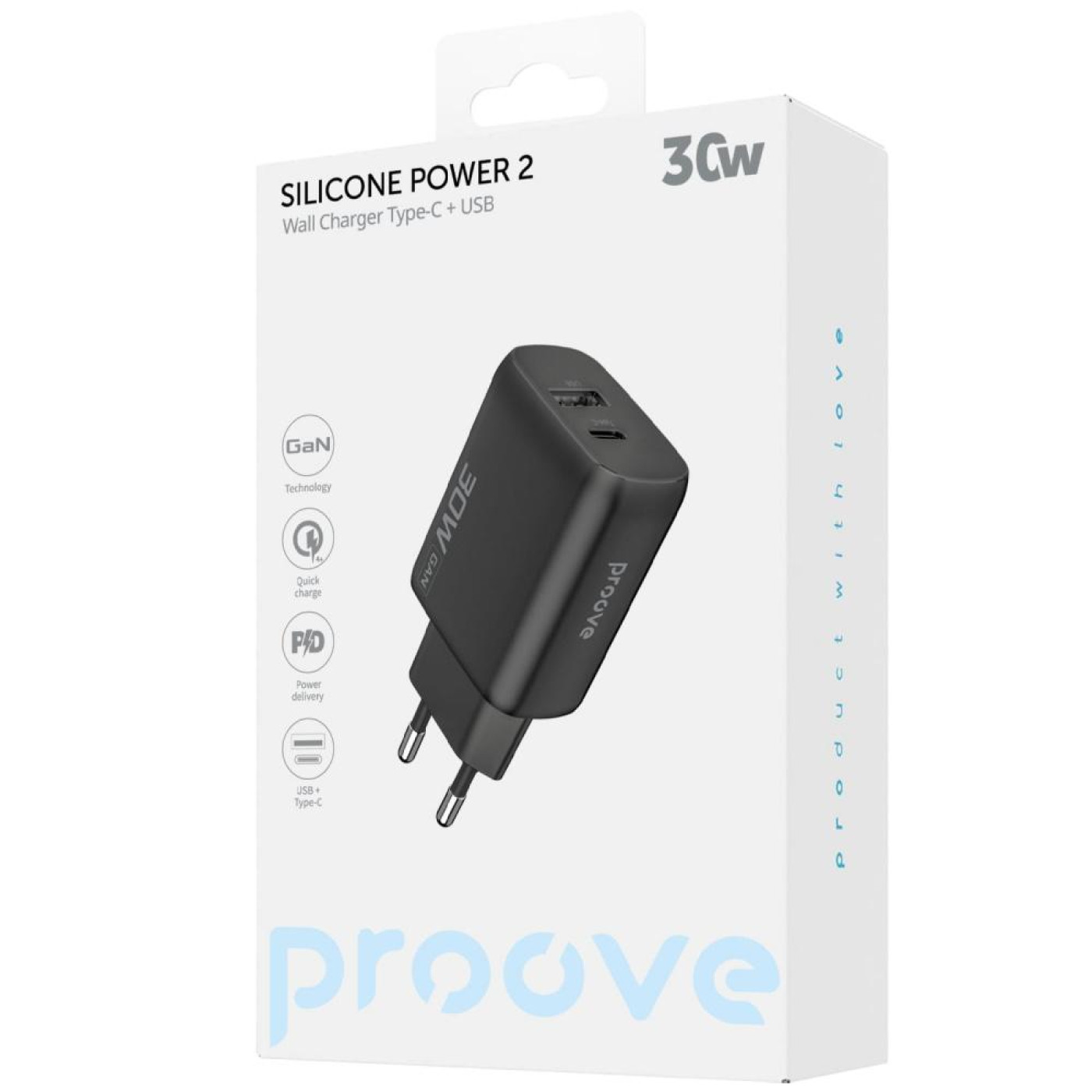 Зарядное устройство Proove Silicone Power 2 30W (Type-C + USB) black (WCSP23110001)