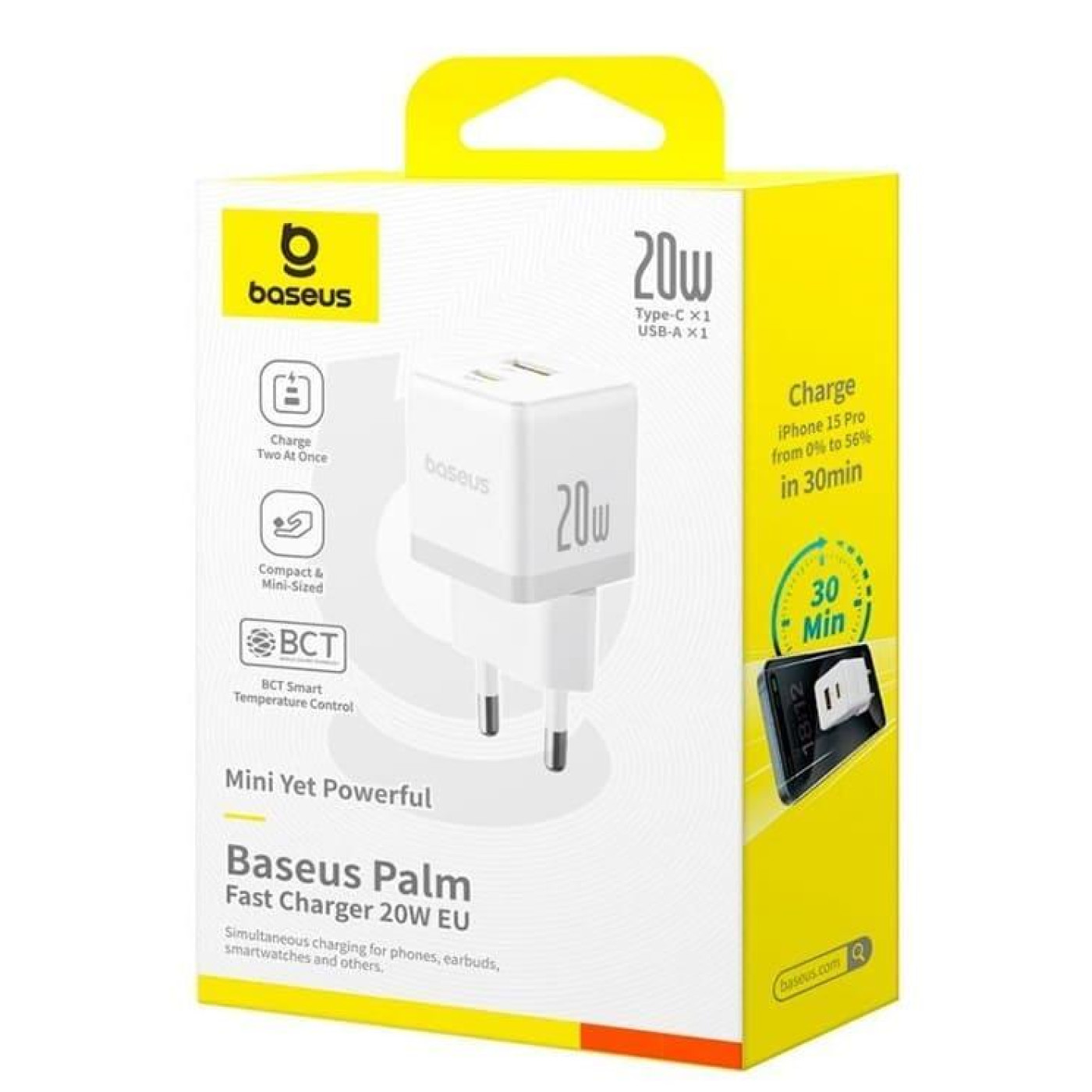 Зарядное устройство Baseus Palm Fast Charger Type-C+USB 20W white (P10111608213-00)