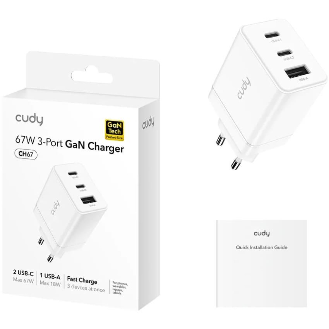 Зарядное устройство Cudy 3xUSB 67W, (GaN, 1хUSB-C, QC+PD 3.0, вилка ЄС, для iPhone 12) , (CH67_EU)