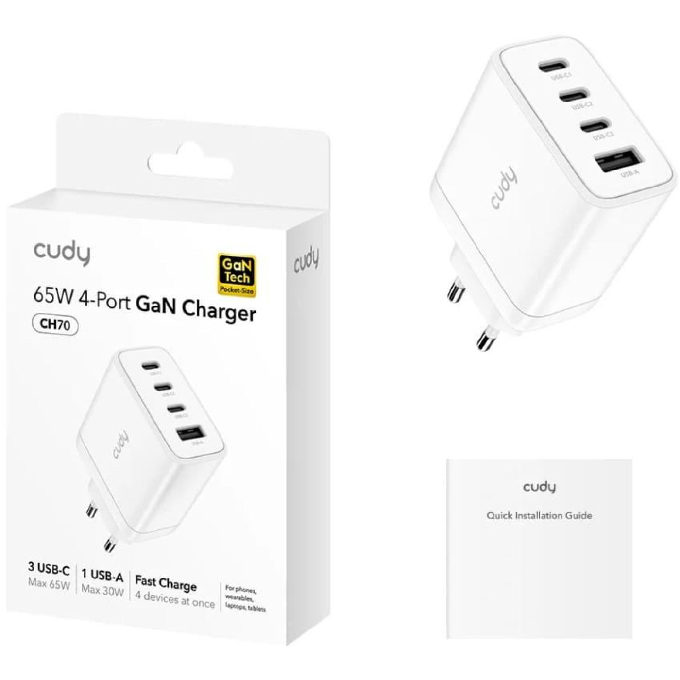 Зарядное устройство Cudy 4xUSB 70W, (GaN, 1хUSB-C, QC+PD 3.0, вилка ЄС, для iPhone 12) , (CH70_EU)
