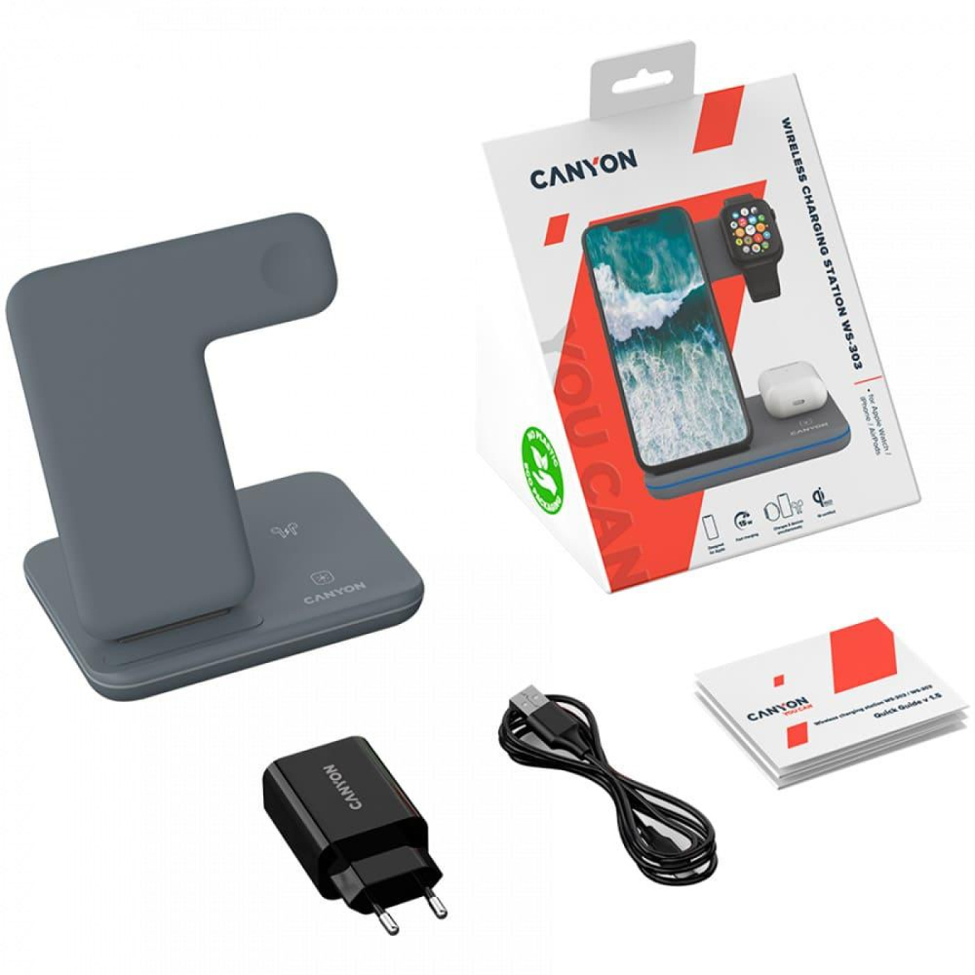 Зарядний пристрій Canyon WS-303 3 в 1 QI Dark Grey (CNS-WCS303DG)