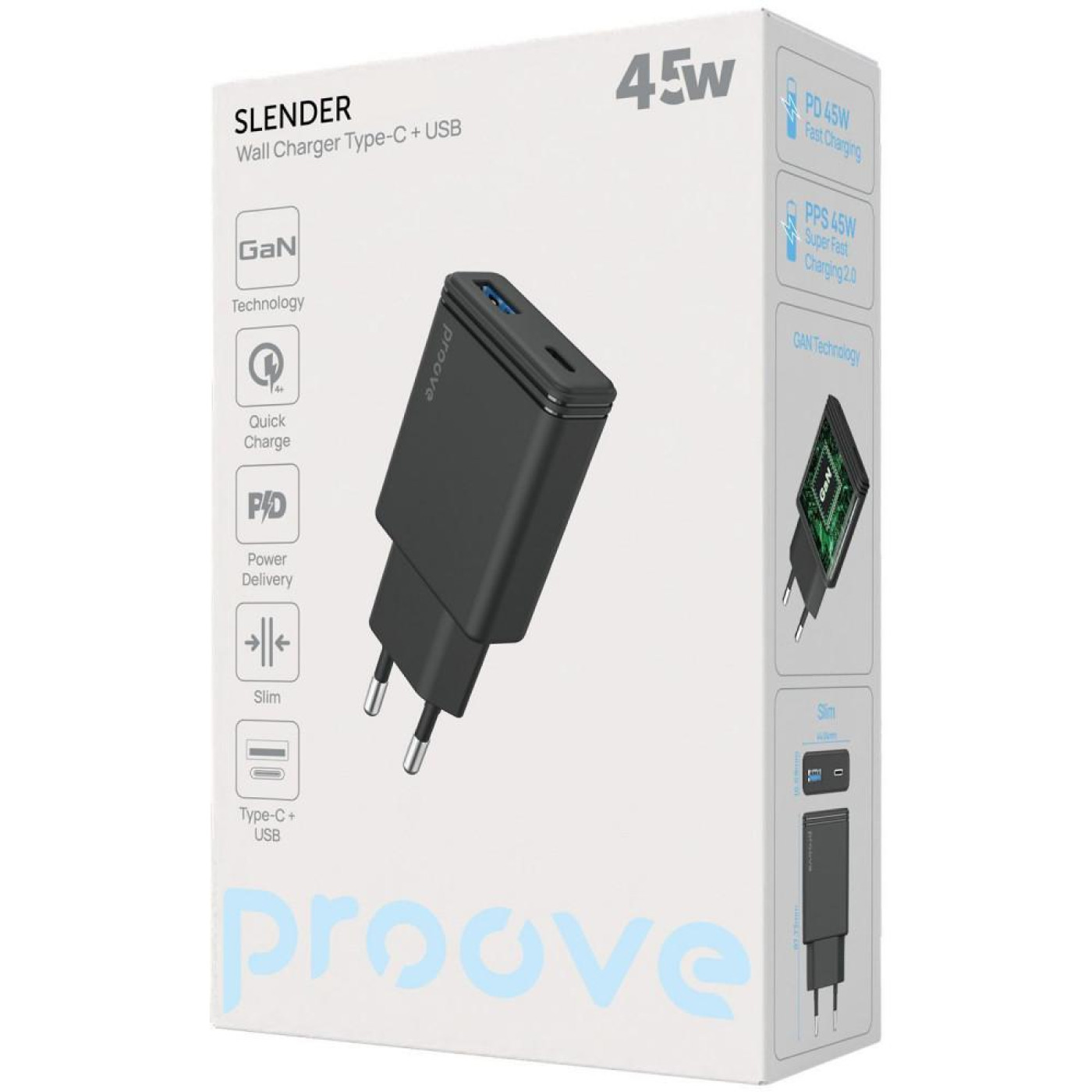 Зарядное устройство Proove Slender 45W (Type-C + USB) black (WCSL45110001)