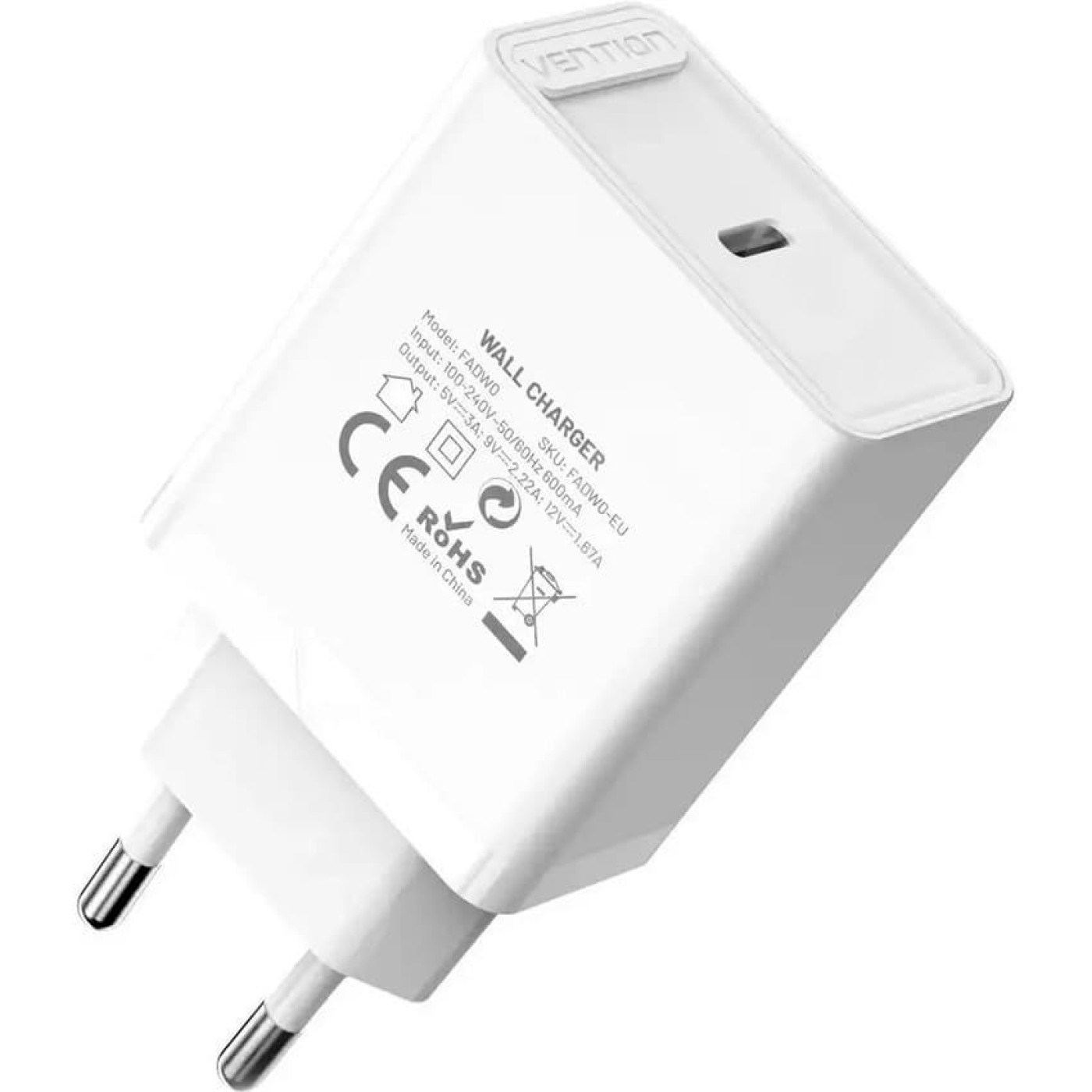 Зарядний пристрій Vention USB Type C + QC4.0 (20W) White (FADW0-EU)