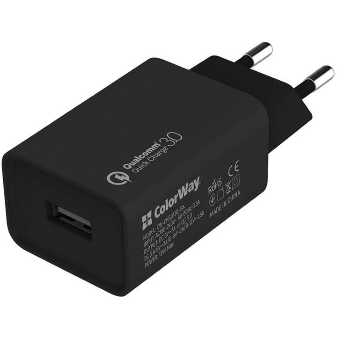 Зарядний пристрій ColorWay 1USB Quick Charge 3.0 (18W) black (CW-CHS013Q-BK)