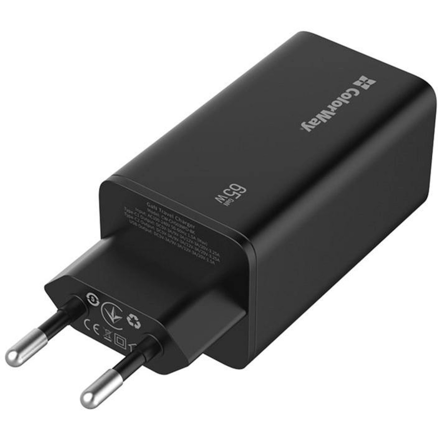 Зарядний пристрій ColorWay GaN3 Pro PD (USB-A + 2 USB TYPE-C) (65W) Black (CW-CHS039PD-BK)