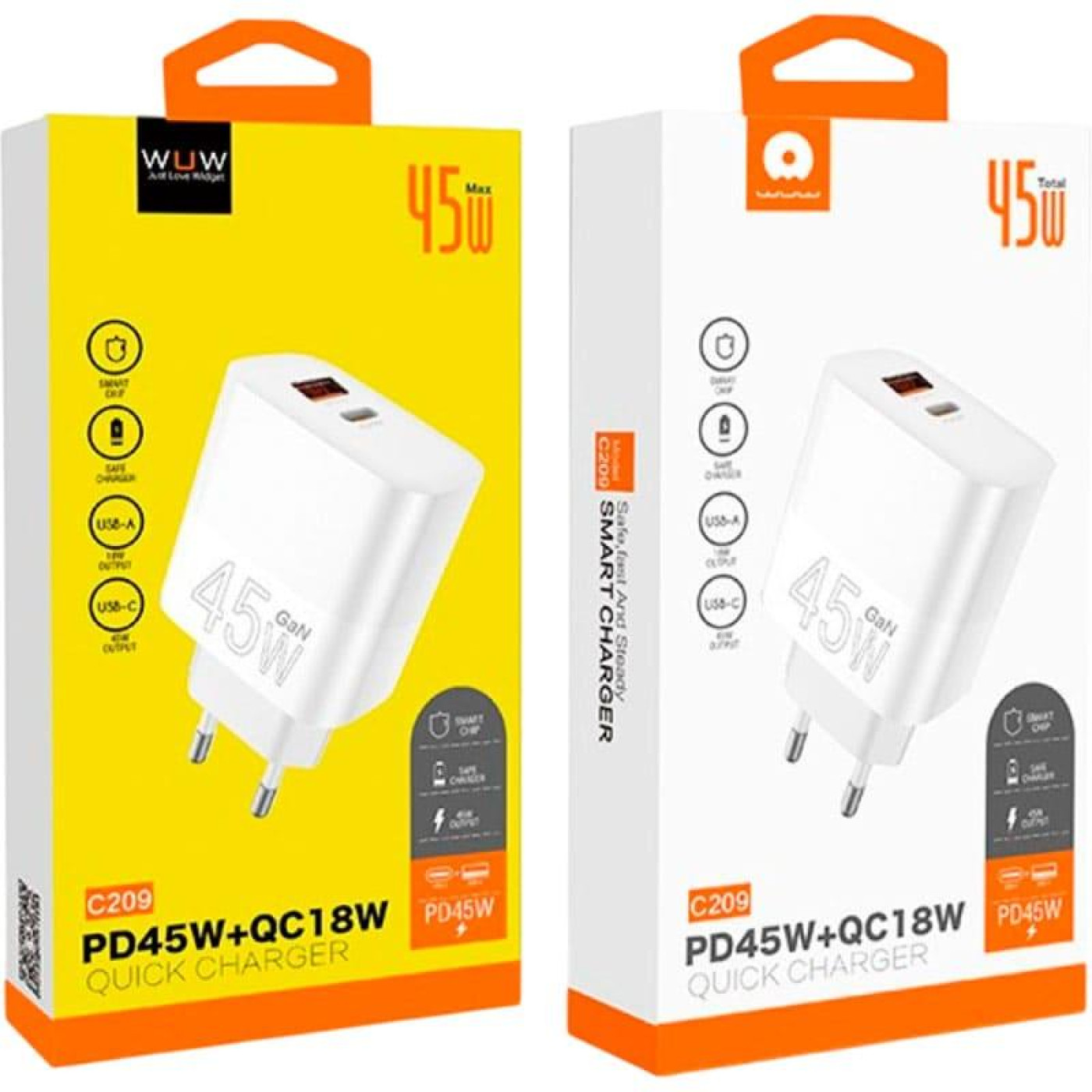 Зарядное устройство WUW WUW-C209 45W PD USB-C + USB QC3.0 18W white (WUW-C209)