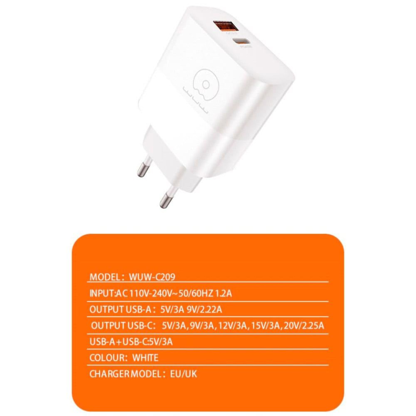 Зарядное устройство WUW WUW-C209 45W PD USB-C + USB QC3.0 18W white (WUW-C209)