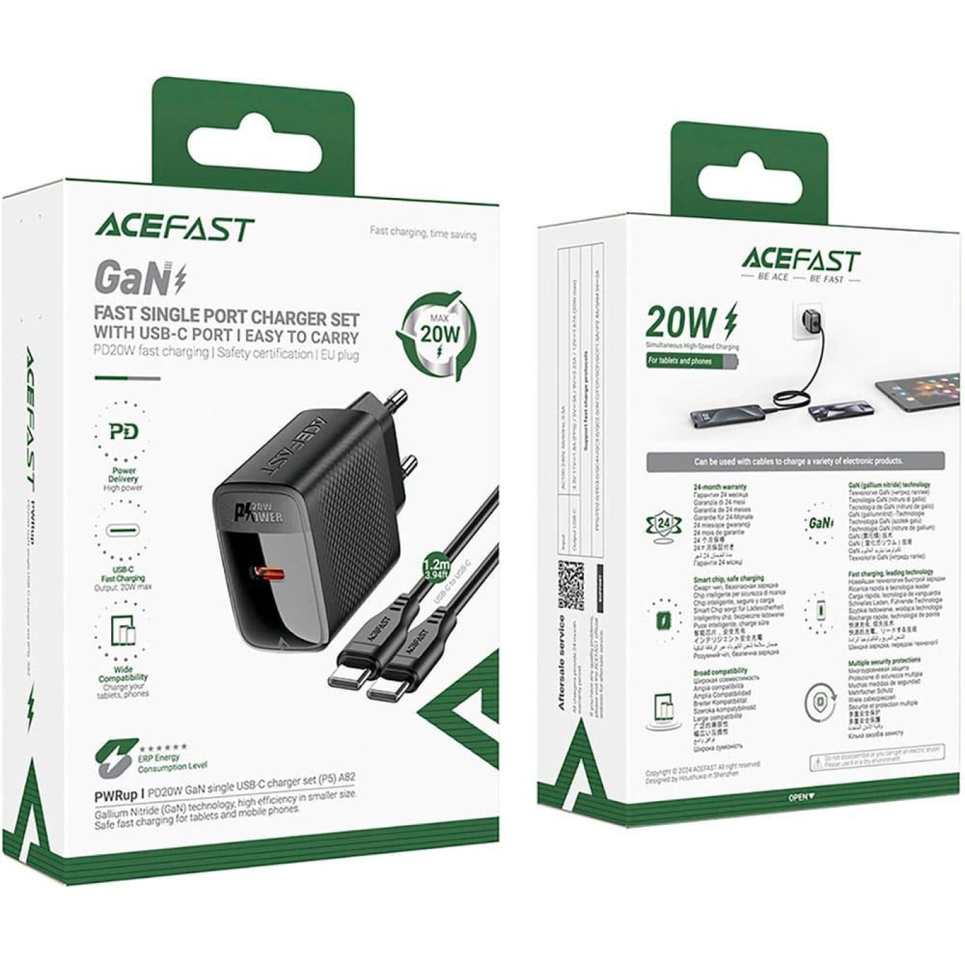 Зарядное устройство Acefast A82 PD20W GaN single USB-C charger set (P5) (EU) Black (6974316280057)