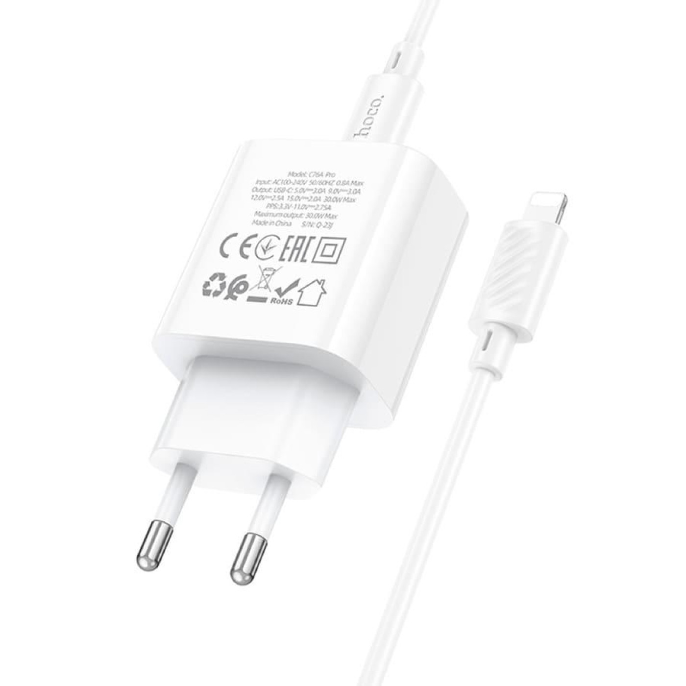 Зарядное устройство Hoco C76A Pro Majestic single port PD30W charger set (C to iP)(EU) White (6942007616317)
