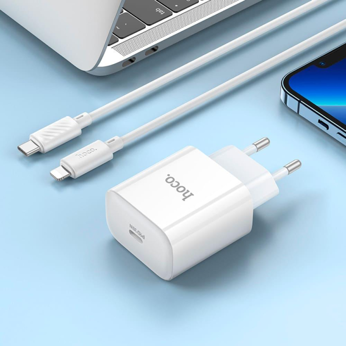 Зарядное устройство Hoco C76A Pro Majestic single port PD30W charger set (C to iP)(EU) White (6942007616317)