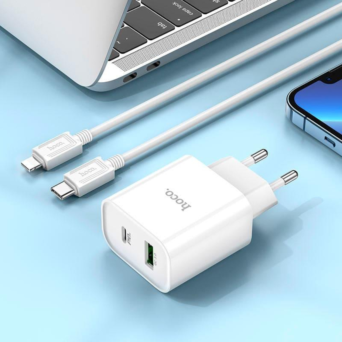 Зарядное устройство Hoco C80A Plus Rapido PD20W+QC3.0 charger set(C to iP) White (6931474779892)