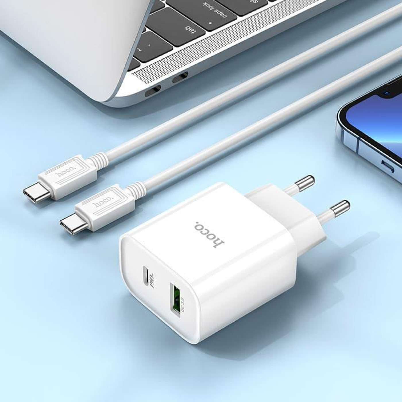 Зарядное устройство Hoco C80A Plus Rapido PD20W+QC3.0 charger set(Type-C to Type-C) White (6931474779908)