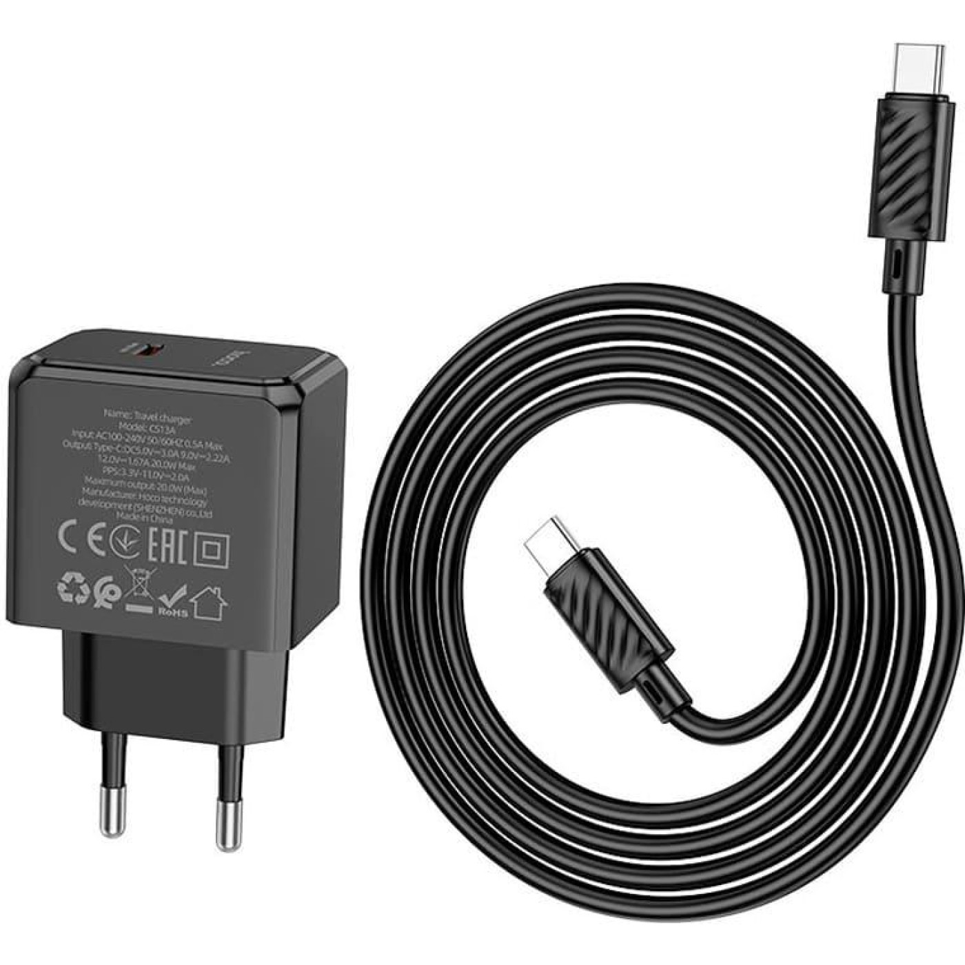 Зарядний пристрій Hoco CS13A Ocean single port PD20W charger set(Type-C to Type-C) Black (6942007603843)