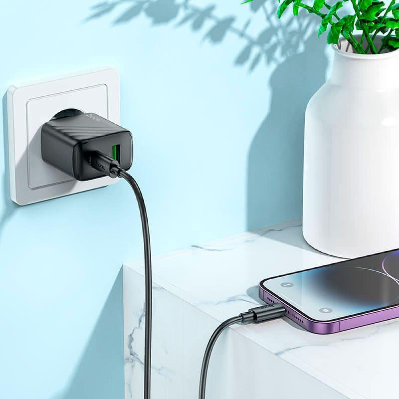 Зарядное устройство Hoco CS23A Sunlight dual-port PD30W+QC3.0 charger set (C to iP)(EU) Black (6942007609951)