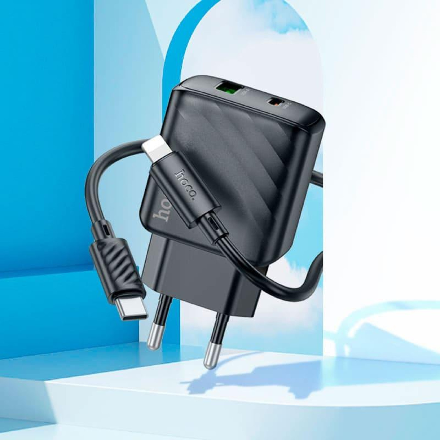 Зарядное устройство Hoco CS23A Sunlight dual-port PD30W+QC3.0 charger set (C to iP)(EU) Black (6942007609951)
