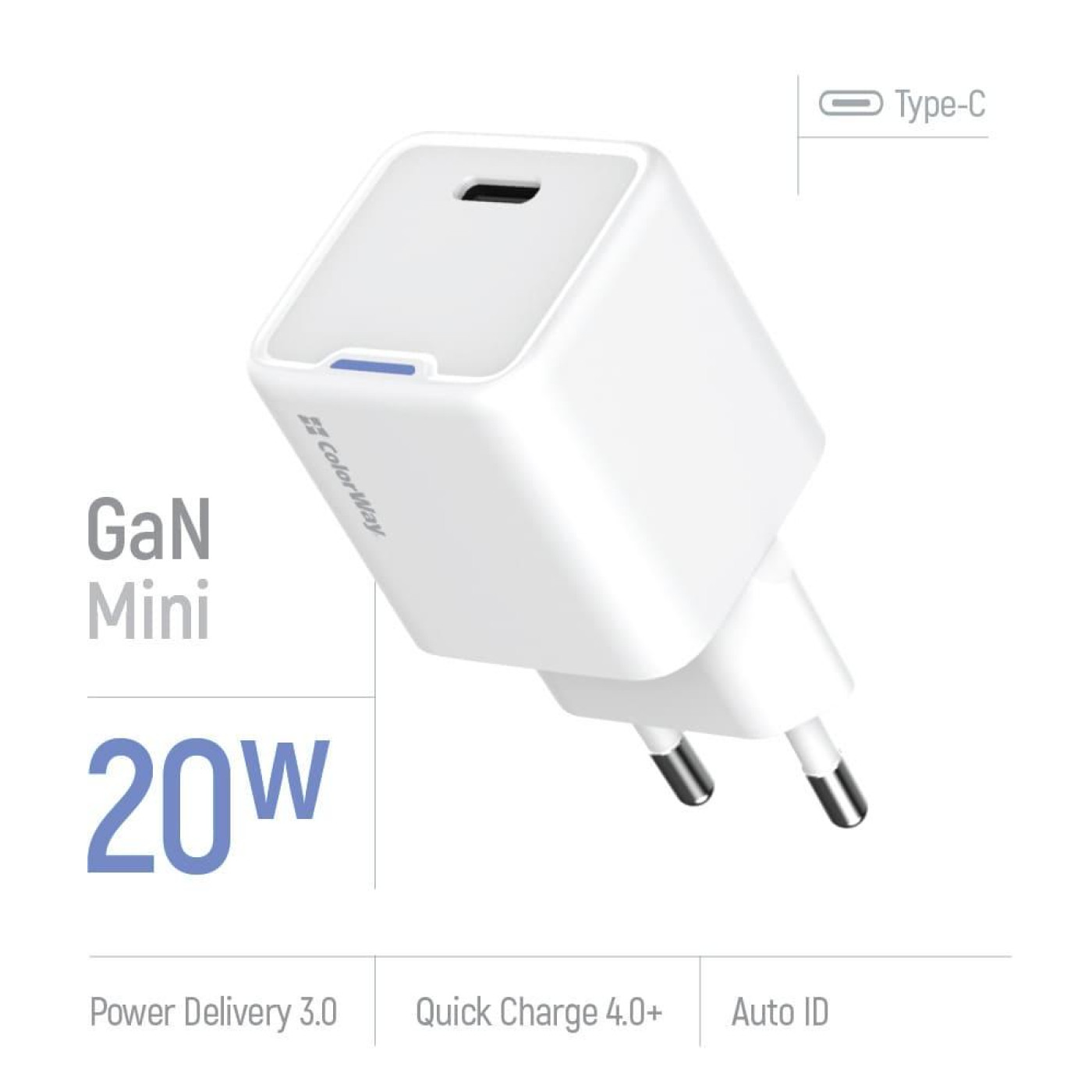 Зарядний пристрій ColorWay GaN Mini 20W PD Port PPS USB-C White (CW-CHS059PD-WT)