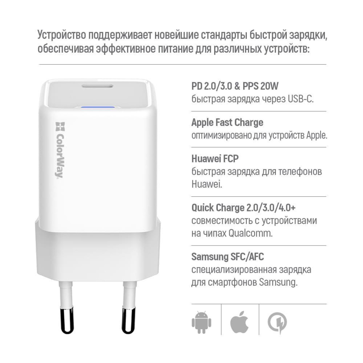 Зарядний пристрій ColorWay GaN Mini 20W PD Port PPS USB-C White cable Lightning (CW-CHS059PDL-WT)