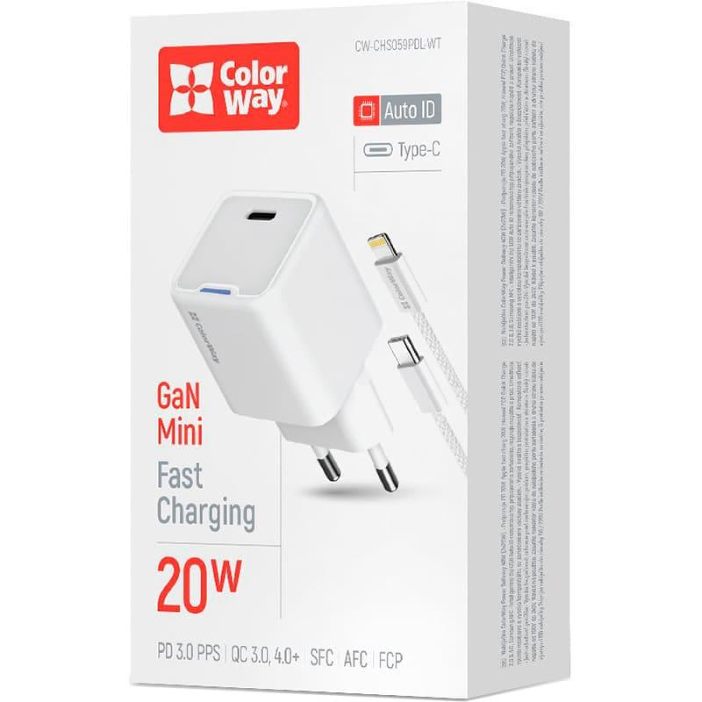 Зарядний пристрій ColorWay GaN Mini 20W PD Port PPS USB-C White cable Lightning (CW-CHS059PDL-WT)