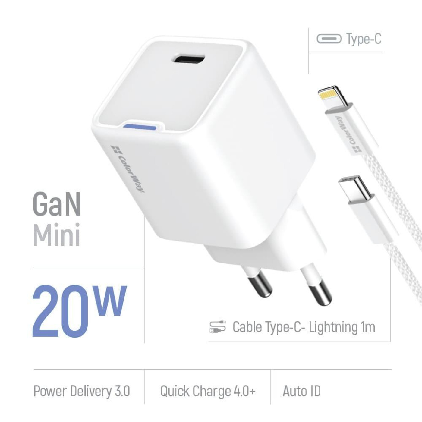 Зарядний пристрій ColorWay GaN Mini 20W PD Port PPS USB-C White cable Lightning (CW-CHS059PDL-WT)