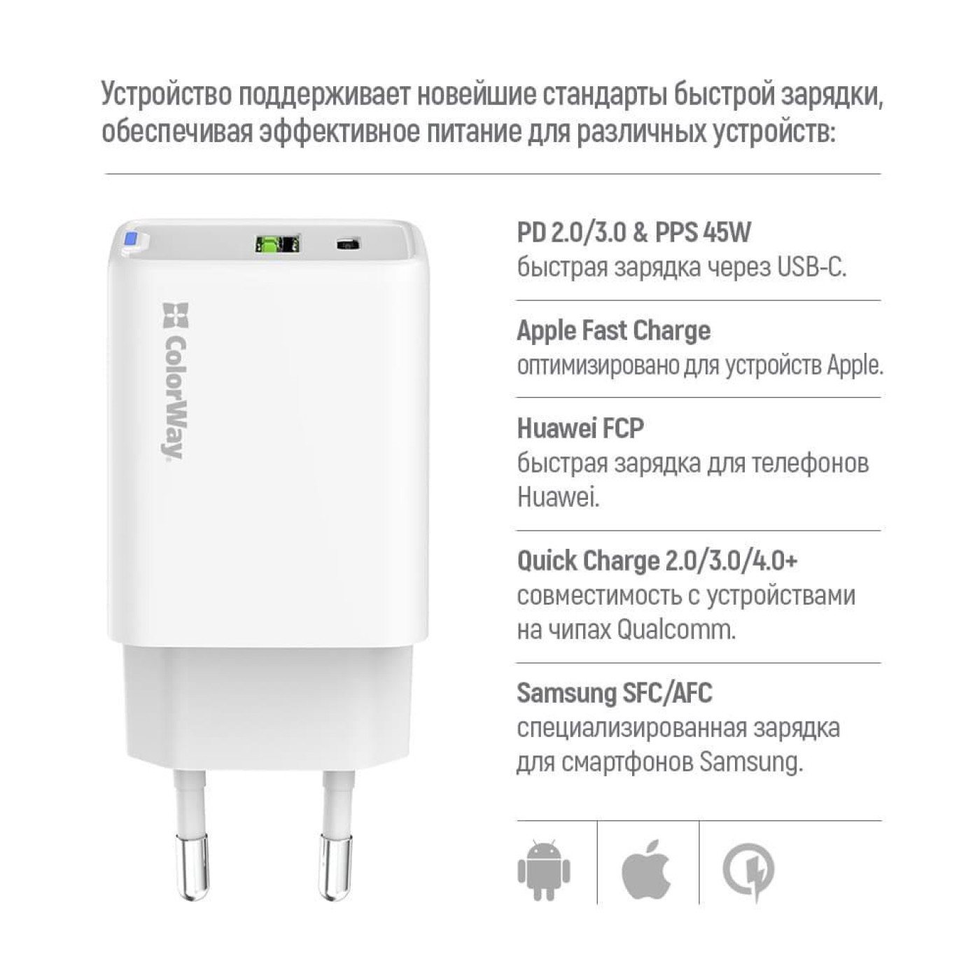 Зарядний пристрій ColorWay GaN Mini 45W PD Port PPS USB (USB-C PD + USB QC4.0) White (CW-CHS060PD-WT)