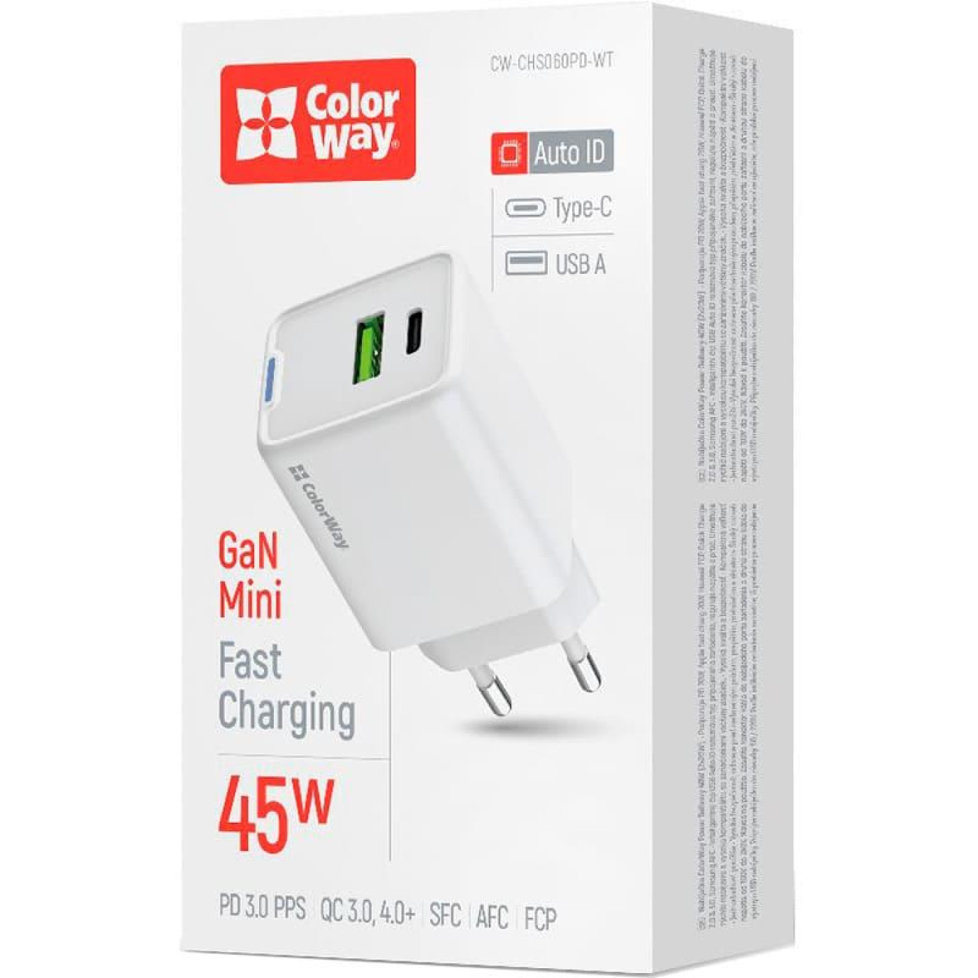 Зарядний пристрій ColorWay GaN Mini 45W PD Port PPS USB (USB-C PD + USB QC4.0) White (CW-CHS060PD-WT)
