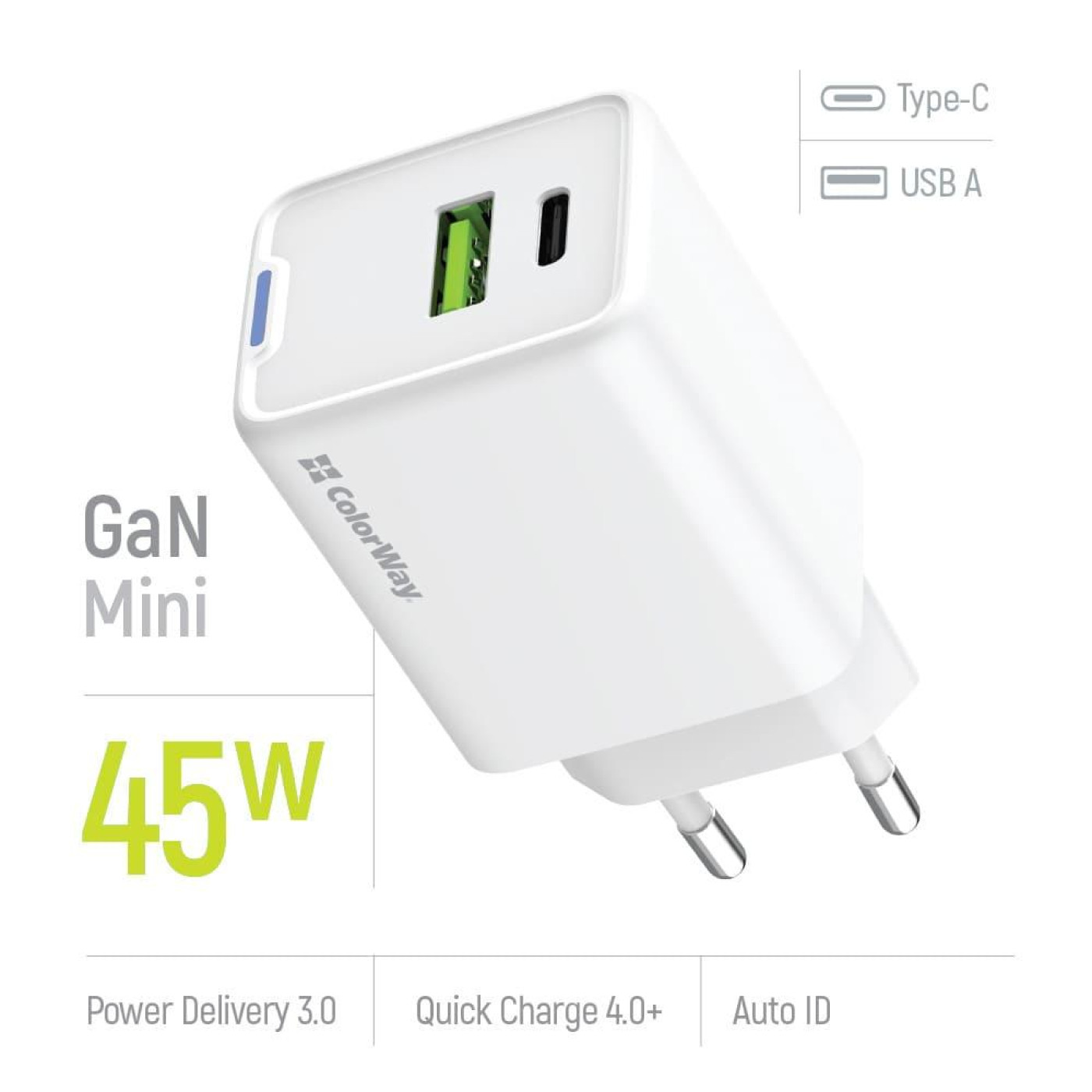 Зарядний пристрій ColorWay GaN Mini 45W PD Port PPS USB (USB-C PD + USB QC4.0) White (CW-CHS060PD-WT)
