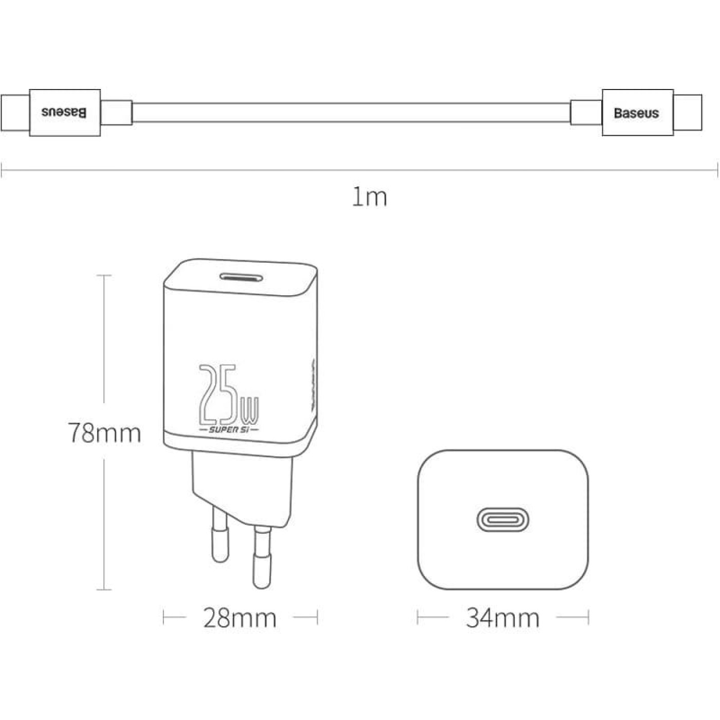 Зарядное устройство Baseus Super Silicone PD Charger 25W (1Type-C) + Cable Type-C to Type-C 3A (1m) white (TZCCSUP-L02)