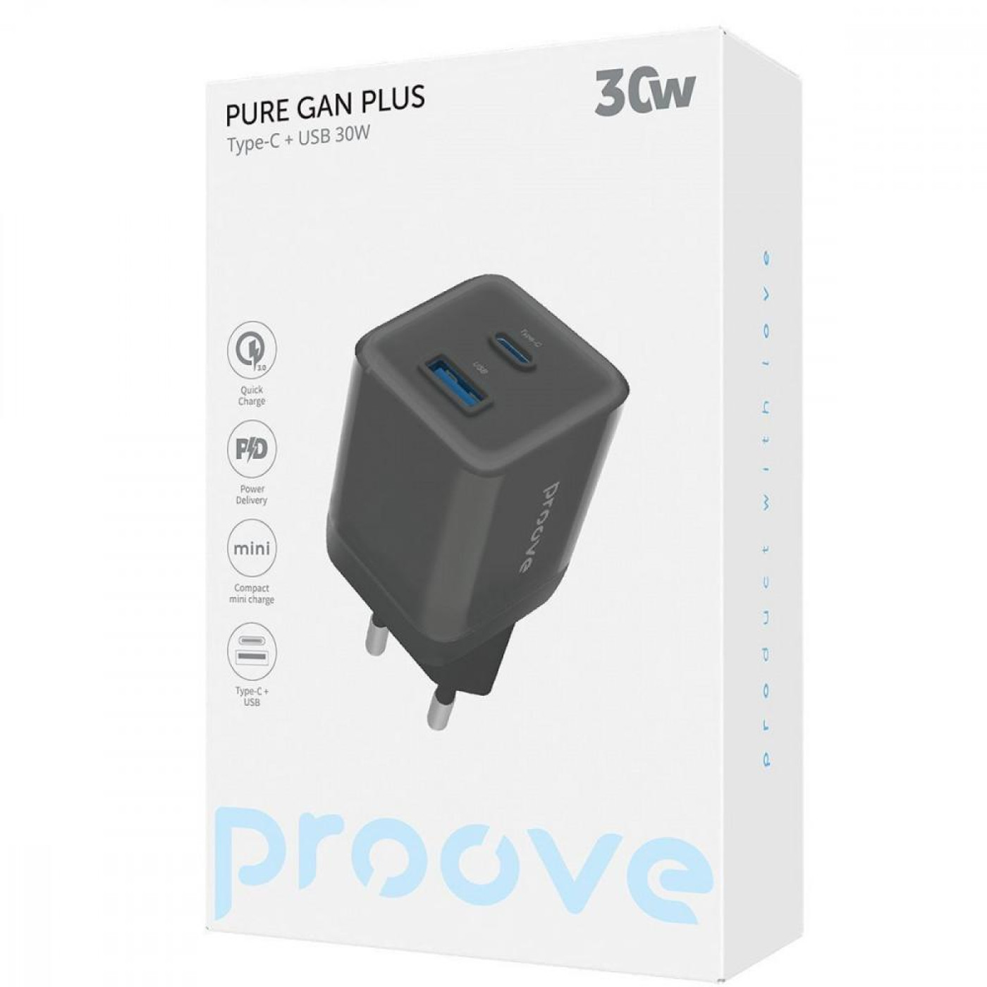 Зарядное устройство Proove Pure GaN Plus 30W (Type-C + USB) black (WCPU30111201)