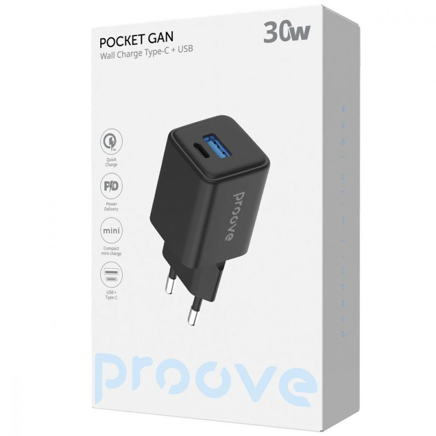 Зарядное устройство Proove Pocket GaN 30W (Type-C + USB) black (WCPG30110001)
