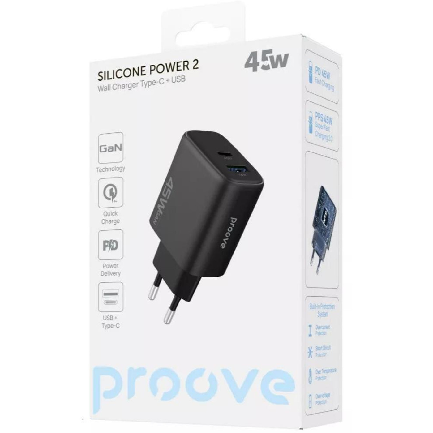 Зарядний пристрій Proove Silicone Power 2 45W (Type-C+USB) black (WCSP24110001)