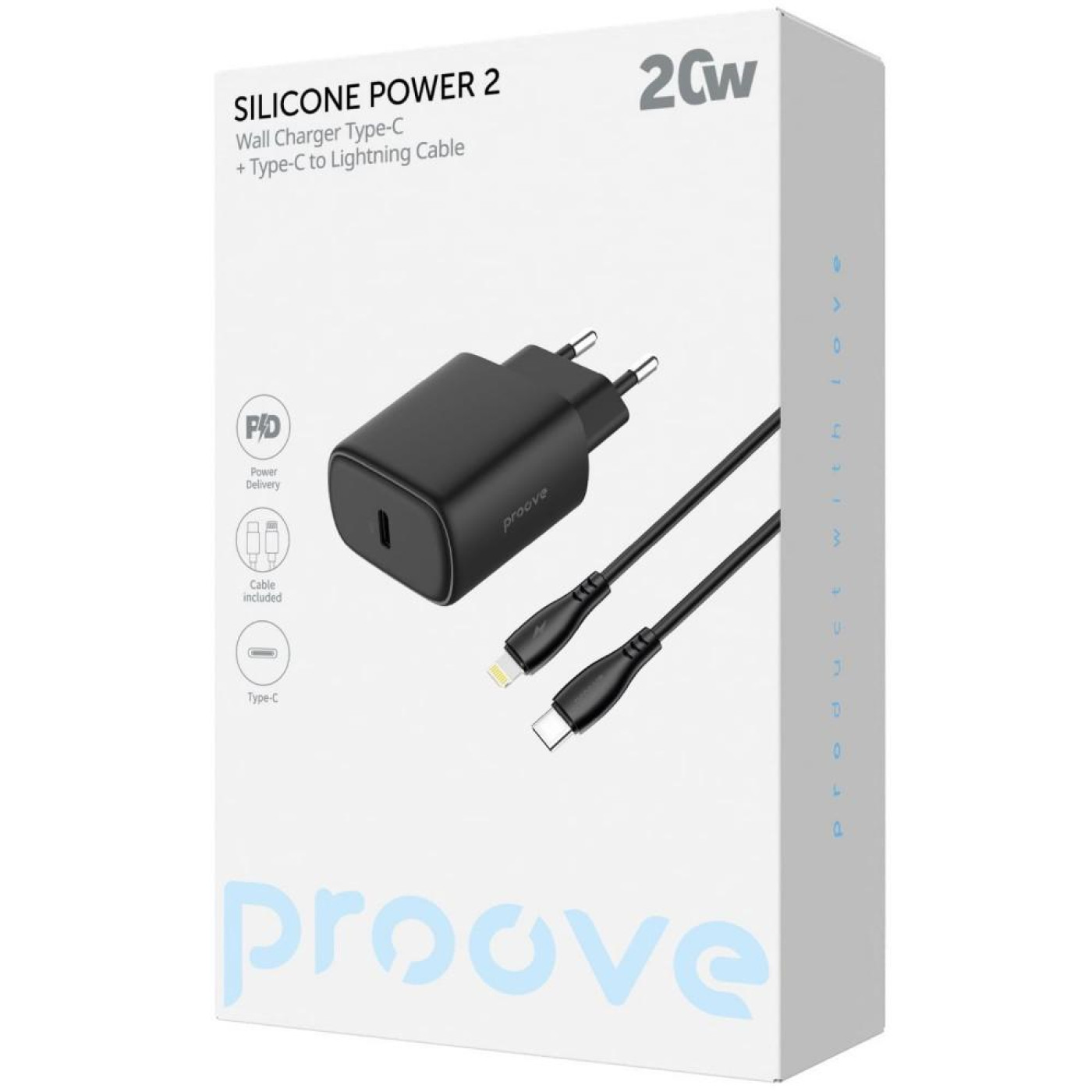 Зарядное устройство Proove Silicone Power 2 20W (Type-C) + Cable Type-C to Lightning (1m) black (WCSP22010001)