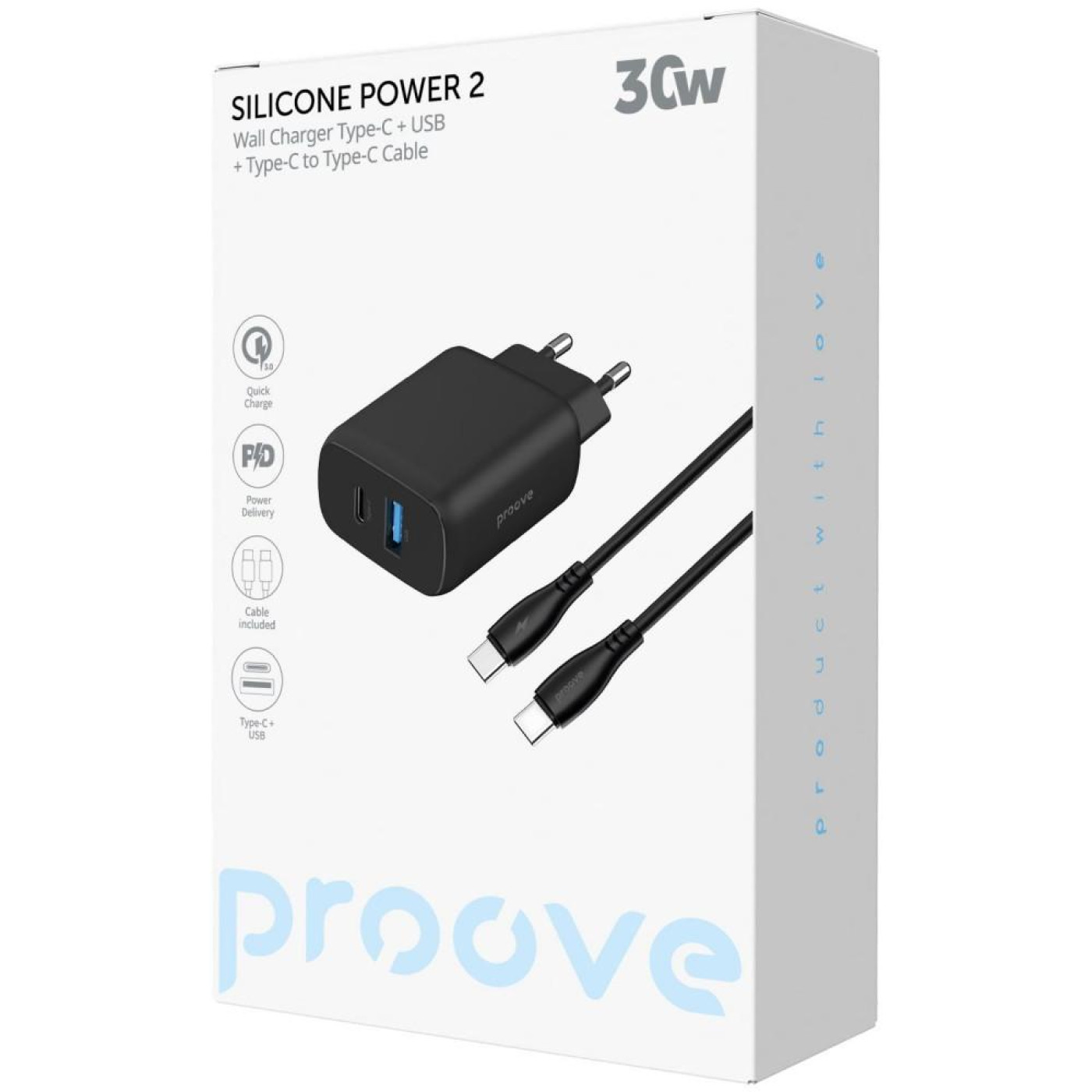 Зарядное устройство Proove Silicone Power 2 30W (Type-C + USB) + Cable Type-C to Type-C (1m) black (WCSP23011001)