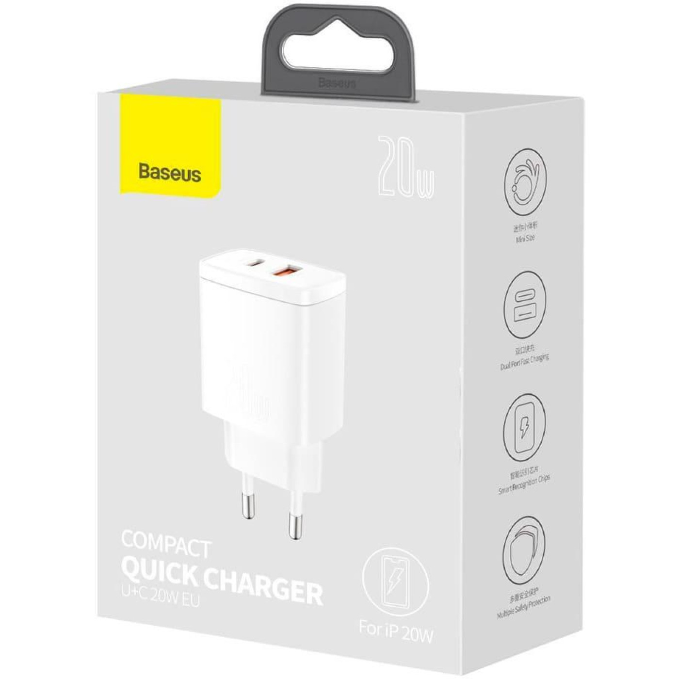 Зарядний пристрій Baseus Compact Quick Charger 20W QC+ PD (1Type-C + 1USB) white (CCXJ-B02)