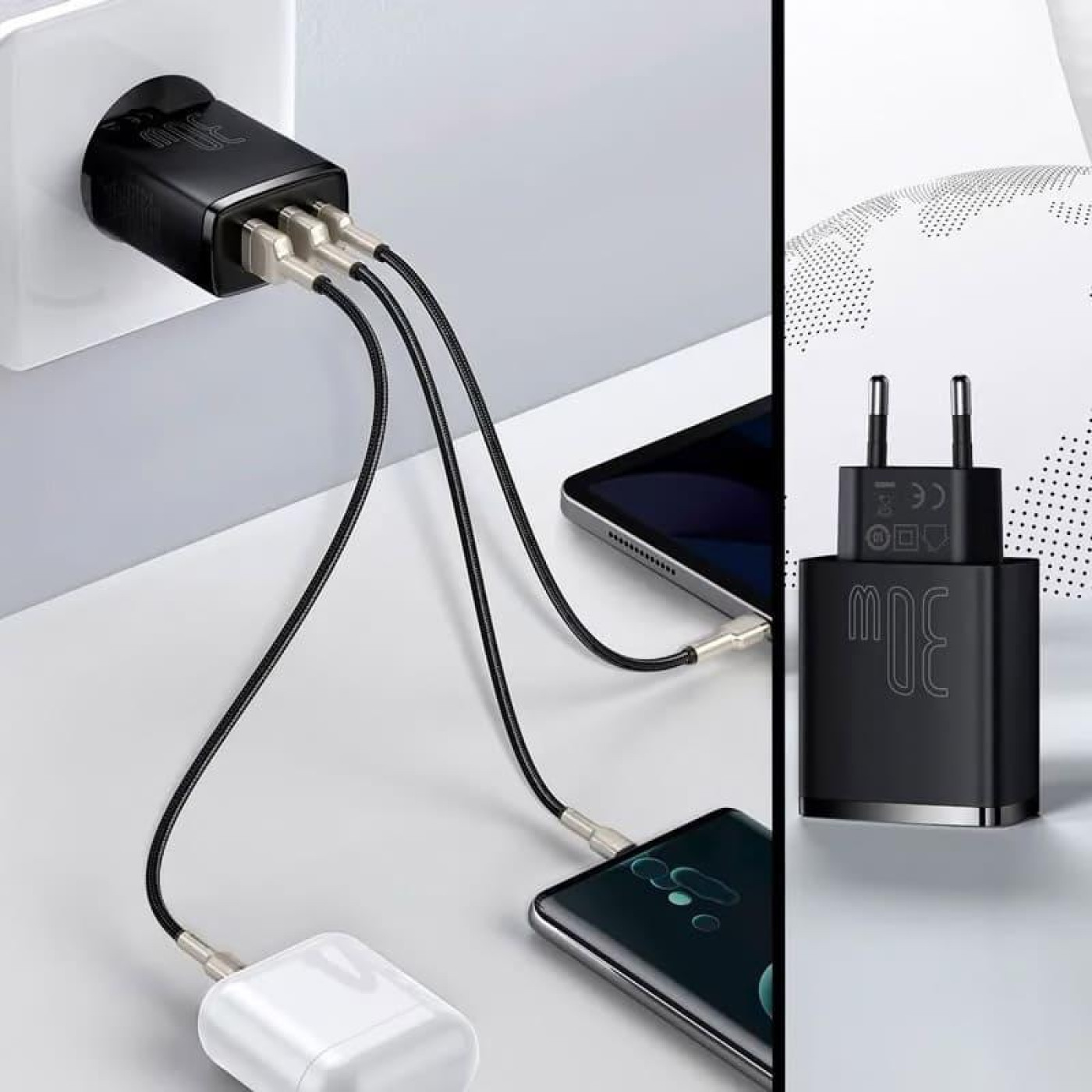 Зарядний пристрій Baseus Compact Quick Charger 30W QC+ PD (1Type-C + 2USB) black (CCXJ-E01)