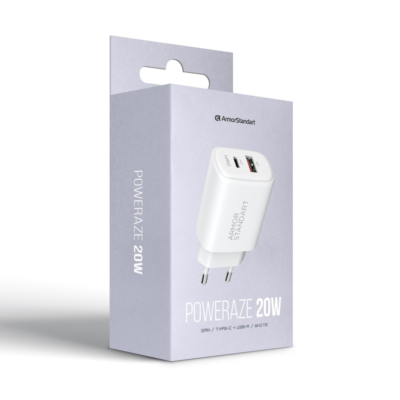 Сетевое зарядное устройство ArmorStandart Poweraze 20W GaN Type-C + USB-A White (ARM87066)