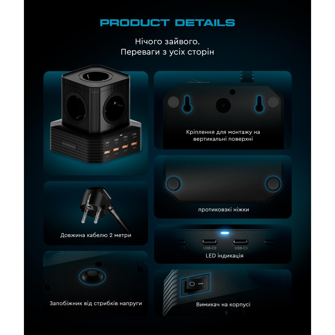 Сетевое зарядное устройство ArmorStandart Resolute Power ARP-544 100W GaN  2m Black (ARM73177)