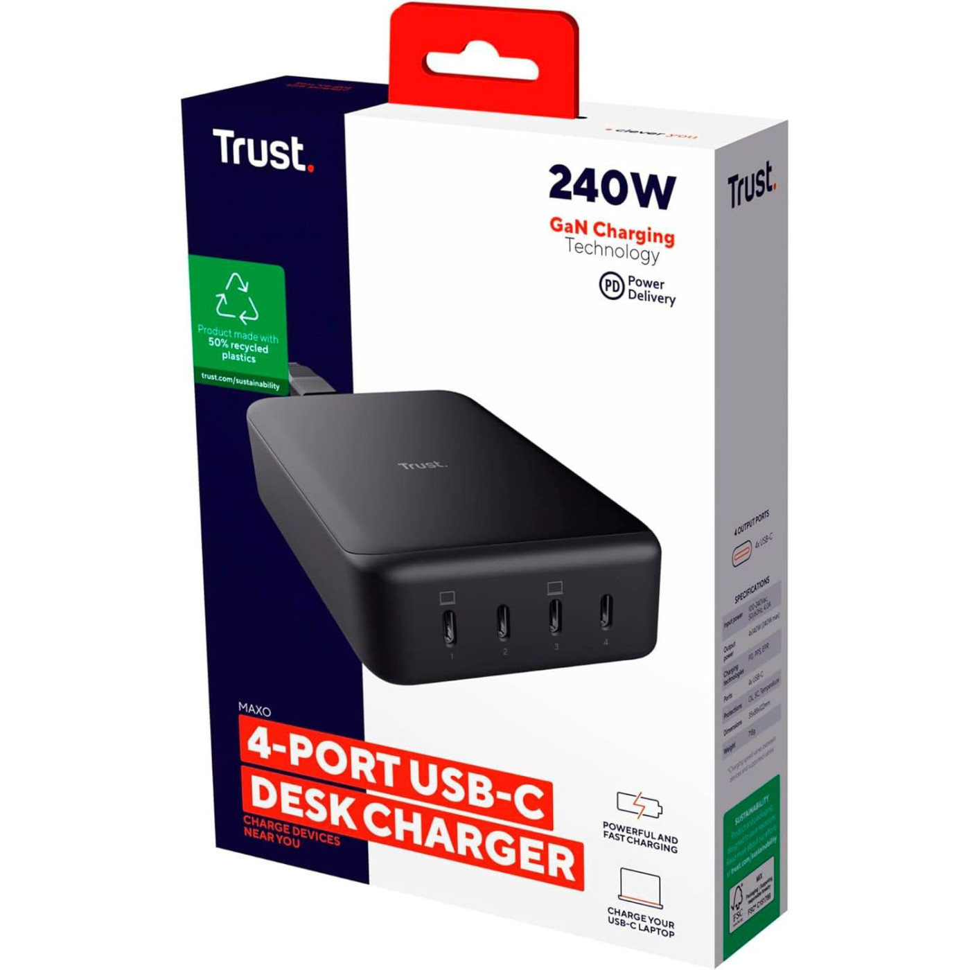 Зарядний пристрій Trust Maxo 240Вт,GaN, 4xUSB-C,PD, чорний (25413_TRUST)
