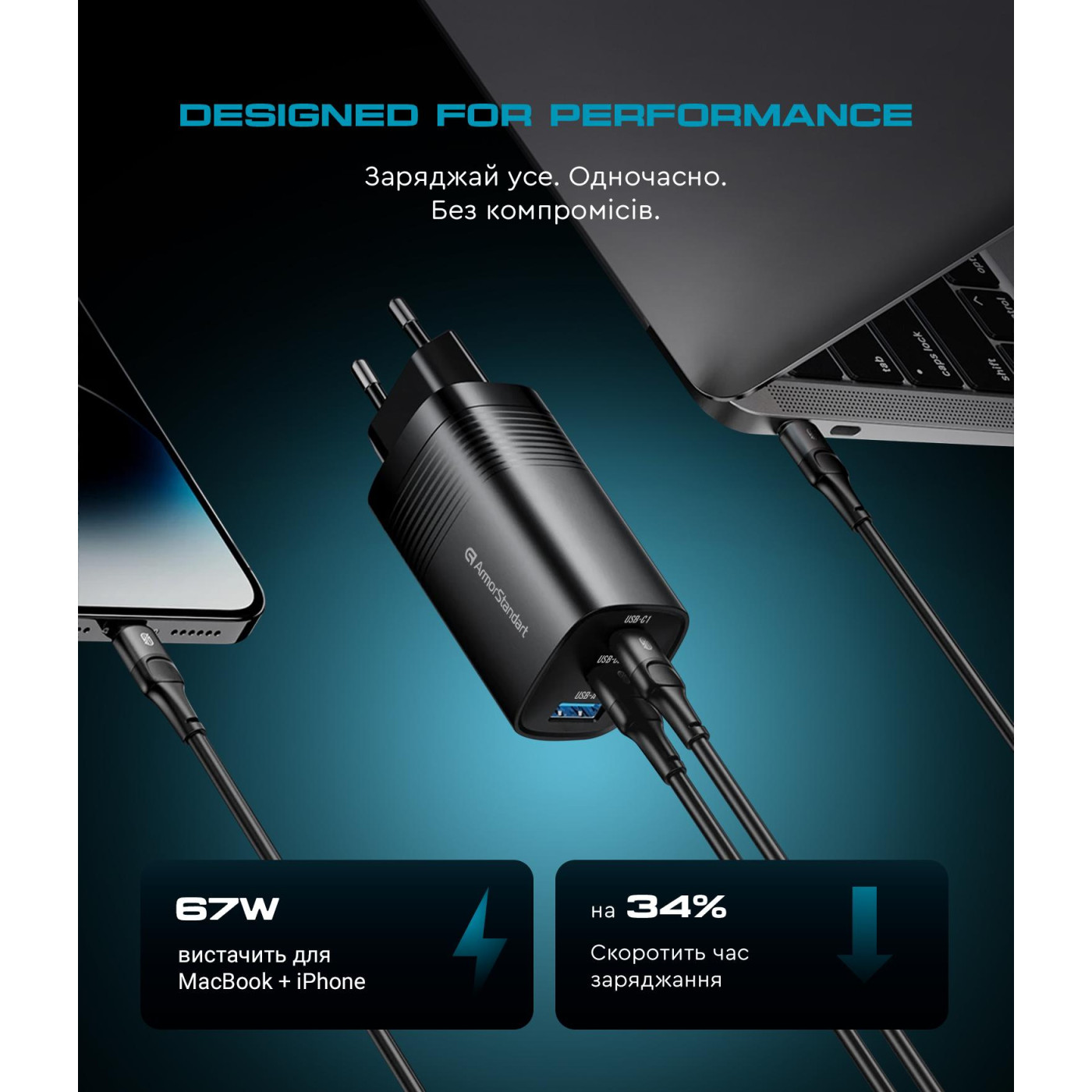 Сетевое зарядное устройство ArmorStandart Resolute Power ARP-721 67W GaN Black (ARM88384)