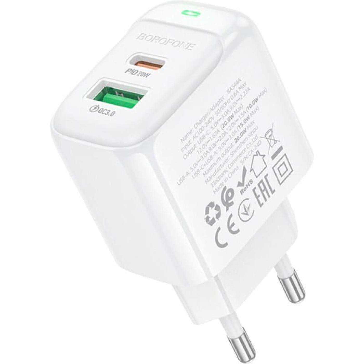 Зарядное устройство Borofone BAS44A Potential PD20W+QC3.0 charger(EU) White (6941991113840)