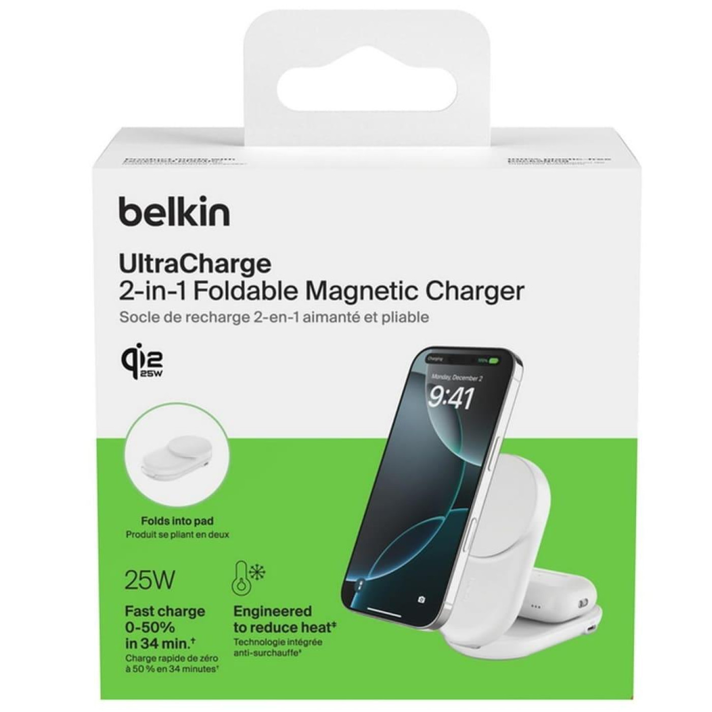Зарядний пристрій бездротовий Belkin UltraCharge 2-in-1 Foldable Magnetic Charging 25Вт, білий
