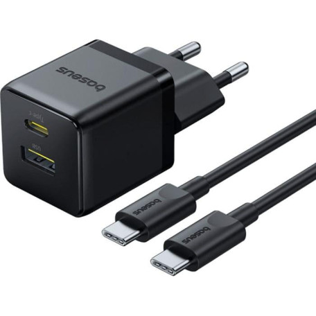Зарядное устройство Baseus Palm Fast Charger C+U 30W EU Cluster Black (with Mini White Cable USB-C to USB-C 60W (20V/3A) 1m) (P1011160A113-01)