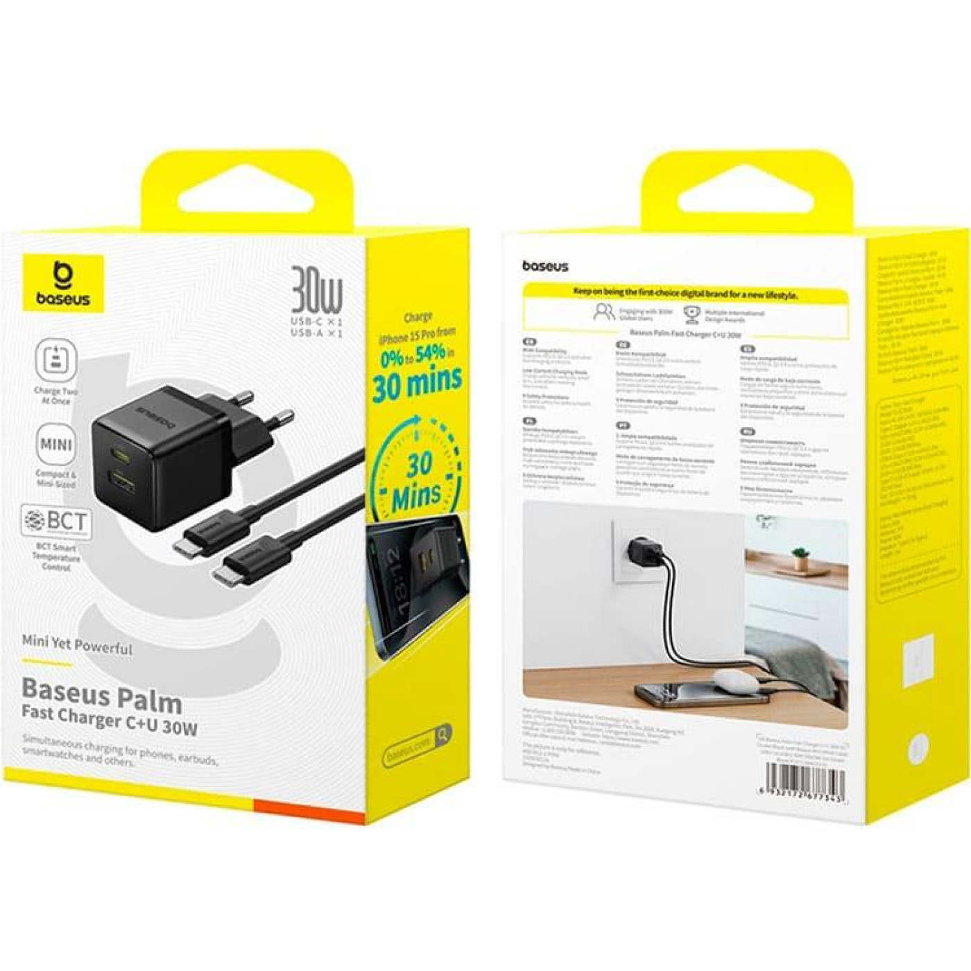 Зарядное устройство Baseus Palm Fast Charger C+U 30W EU Cluster Black (with Mini White Cable USB-C to USB-C 60W (20V/3A) 1m) (P1011160A113-01)