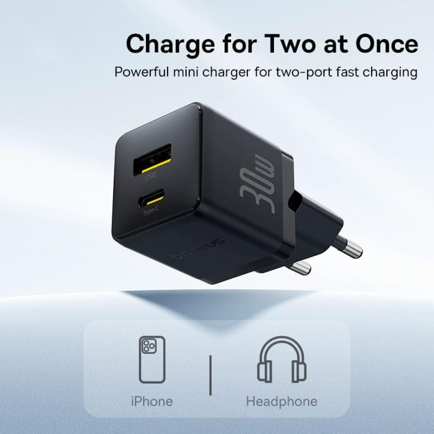 Зарядное устройство Baseus Palm Fast Charger C+U 30W EU Cluster Black (with Mini White Cable USB-C to USB-C 60W (20V/3A) 1m) (P1011160A113-01)