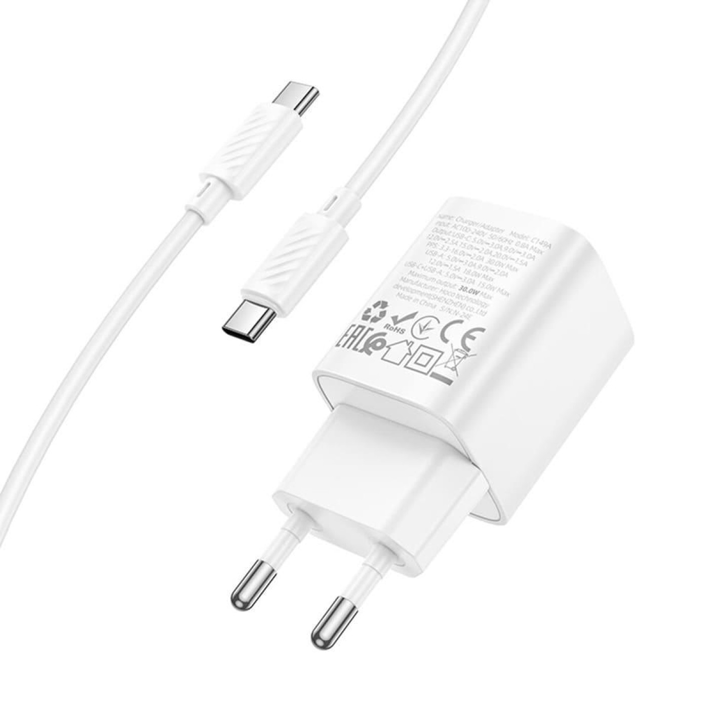 Зарядное устройство Hoco C149A Charm PD30W+QC3.0 charger set (C to C)(EU) White (6942007630351)